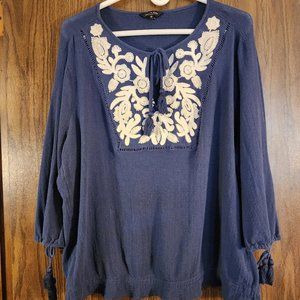 Lucky Brand Bo-Ho Style Top with Embroidery and Tassels